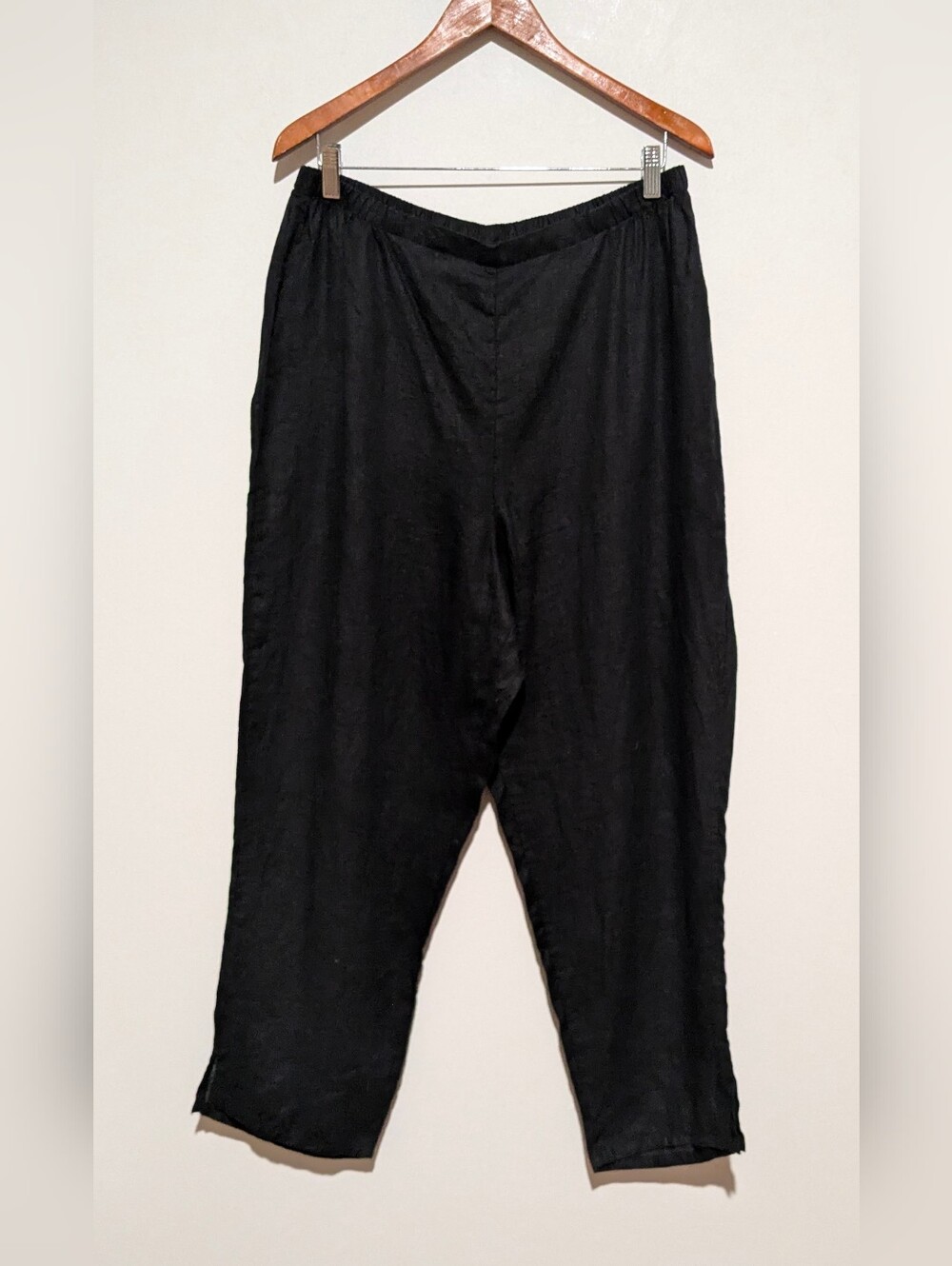 FLAX L Black Flat Front Elastic Waist Linen Floods Pant NWOT